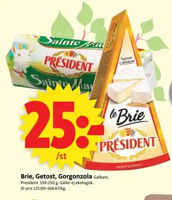 ICA Supermarket Galbani, President Brie, Getost Gorgonzola 150-250 g erbjuda