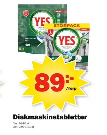 Pekås Diskmaskinstabletter Yes 70-90st erbjuda