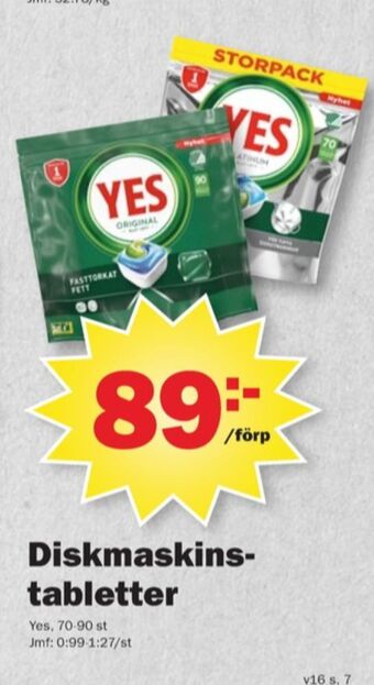 Pekås Yes diskmaskintabs erbjuda