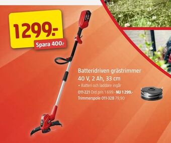 Jula Batteridriven grästrimmer 40 V, 2 Ah, 33 cm erbjuda
