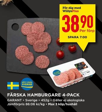 Willys Färska hamburgare 4-pack erbjuda