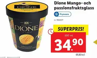Lidl Dione Mango- och passionsfruktsglass 500 ml erbjuda