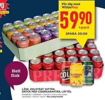 Willys Läsk, kolsyrat vatten, dryck med ciderkaraktär, lättöl erbjuda