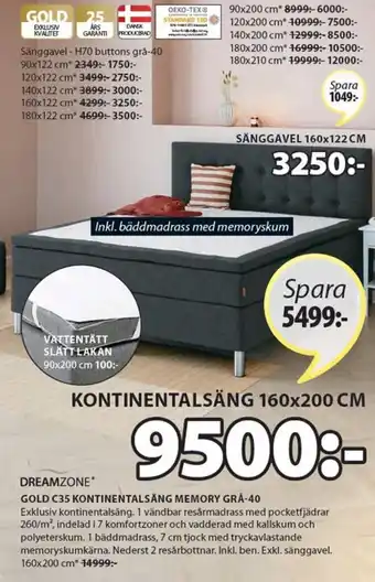 JYSK Dreamzone Gold C35 Kontinentalsäng Memory Grå-40 160x200 cm erbjuda