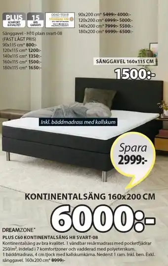 JYSK Dreamzone Plus C60 Kontinentalsäng HR Svart-08 160x200 cm erbjuda