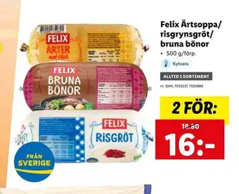 Lidl Felix Ärtsoppa/ risgrynsgröt/ bruna bönor erbjuda