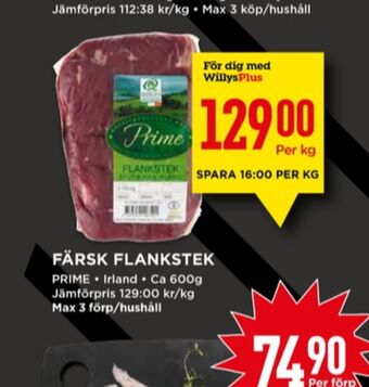 Willys Prime flankstek erbjuda