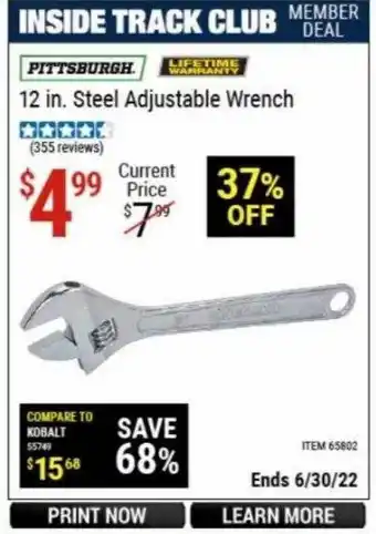 Harbor Freight Tools Pittsburgh 12 In. Steel Adjustable Wrench offer