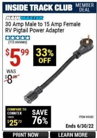 Harbor Freight Tools Haulmaster 30 Amp Male To 15 Amp Female Rv Pigtail Power Adapter offer