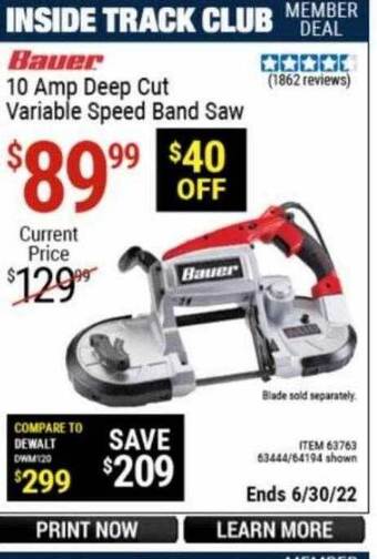 Harbor Freight Tools Bauer 10 Amp Deep Cut Variable Speed Band Saw offer