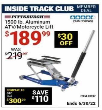 Harbor Freight Tools Pittsburgh 1500 Lb. Aluminum Atv-motorcycle Lift offer