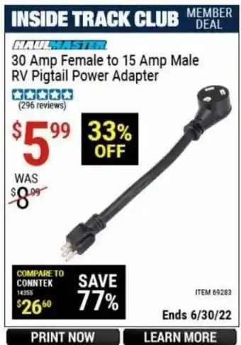 Harbor Freight Tools Haulmaster 30 Amp Female To 18 Amp Male Rv Pigtail Power Adapter offer