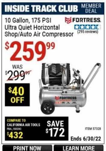 Harbor Freight Tools 10 Gallon 175 Psi Ultra Quiet Horizontal Shop Auto Air Compressor offer