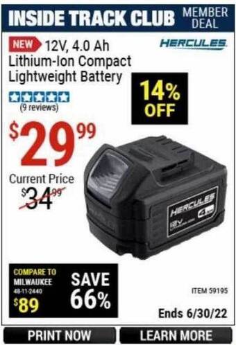 Harbor Freight Tools Hercules 12v, 4.0 Ah Lithium-ion Compact Lightweight Battery offer