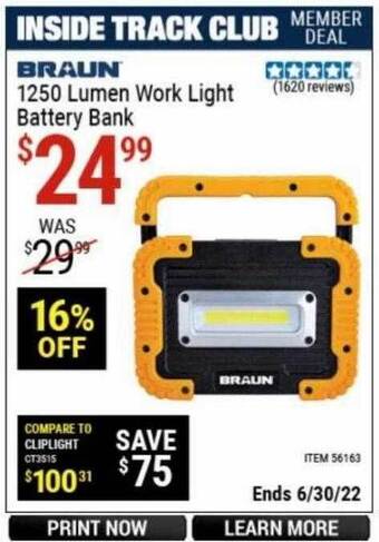 Harbor Freight Tools Braun 1250 Lumen Work Light Battery Bank offer