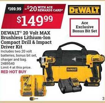 Ace Hardware Dewalt 20 Volt Max Brushless Lithium-ion Compact Drill & Impact Driver Kit offer