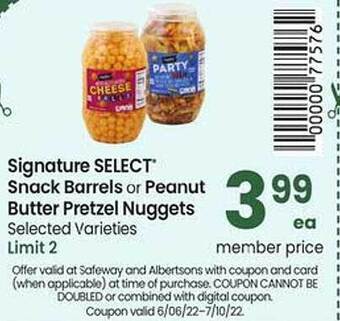 Safeway Signature Select Snack Barrels Or Peanut Butter Pretzel Nuggets offer