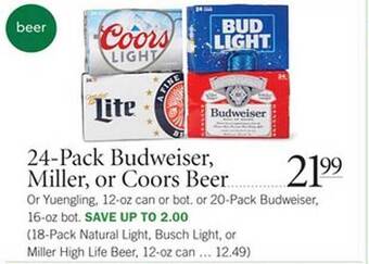 Publix 24-pack Budweiser Miller Or Coors Beer offer