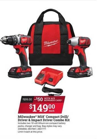 Ace Hardware Milwaukee M18 Compact Drill Driver & Impact Driver Combo Kit offer
