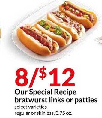 Hy-Vee Our Special Recipe Bratwurst Links Or Patties offer