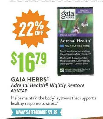Natural Grocers Gaia Herbs Adrenal Health Nightly Restore 60 VCAP offer