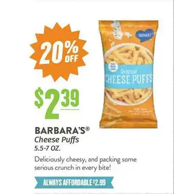 Natural Grocers Barbara's Cheese Puffs offer