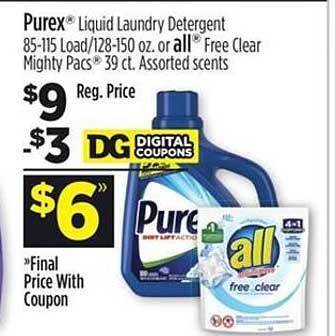 Dollar General Purex Liquid Laundry Detergent Or All Free Clear Mighty Pacs offer