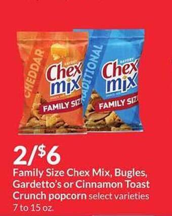 Hy-Vee Family Size Chex Mix, Bugles, Gardetto's Or Cinnamon Toast Crunch Popcorn offer