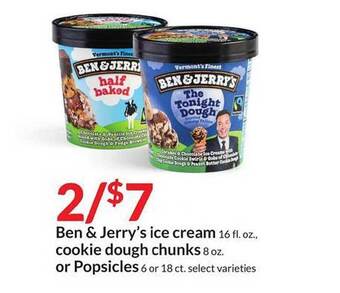 Hy-Vee Ben& Jerry's Ice Cream, Cookie Dough Chunks Or Popsicles offer