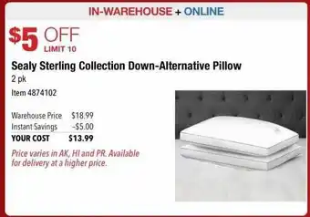 Costco Sealy Sterling Collection Downalternative Pillow offer