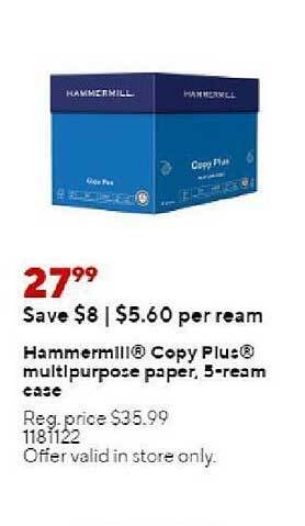 Staples Hammermill Copy Plus Multipurpose Paper 5-ream Case offer