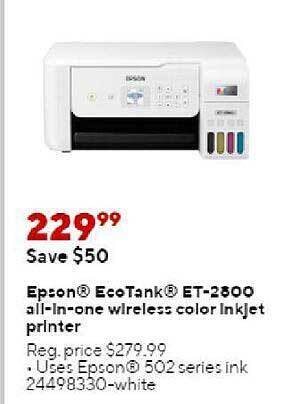 Staples Epson Ecotank Et-2800 All-in-one Wireless Color Inkjet Printer offer