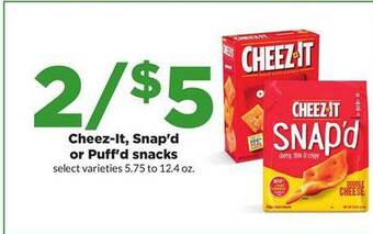 Hy-Vee Cheez-it Snap'd Or Puff'd Snacks offer