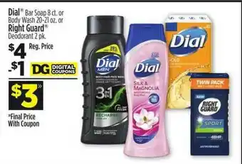 Dollar General Dial Bar Soarp Ro Body Wash Or Right Guard Deodorant offer