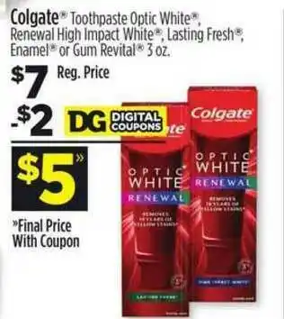Dollar General Colgate Toothpaste Optic White Renewal High Impact White Lasting Fresh Enamel Or Gum Revital 3 Oz offer