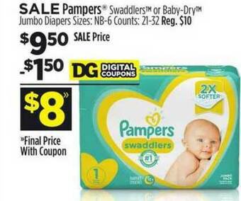Dollar General Pampers Swaddlers Or Baby-dry Jumbo Diapers offer