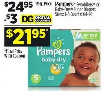 Dollar General Pampers Swaddler Or Baby Dry Super Diapers offer