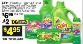Dollar General Gain Fireworks Flings Liquid Laundre Detergent Liquid Fabric Softener Or Fabric Softener Sheets Assorted Scents offer