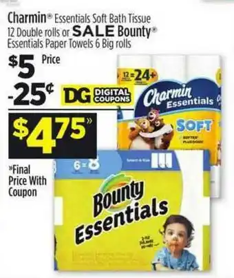Dollar General Charmin Essentials Soft Bath Tissue 12 Doubel Rolls Or Bounty Essentials Paper Towels 6 Big Rolls offer