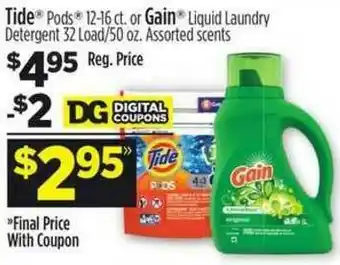 Dollar General Tide Pods Or Gain Liquid Laundry Detergent Assorted Scents offer