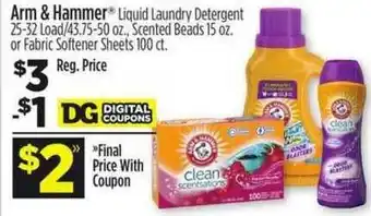Dollar General Arm&hammer Liquid Laundry Detergent Scented Beads Or Fabric Softener Sheets offer