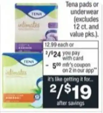Menards Tena Pads Underwear 12 ct And Value Pks. offer