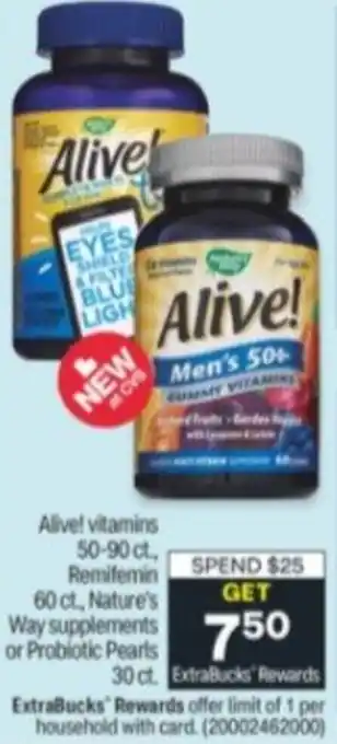 Menards Alive! Vitamins 50-90 ct. Remifemin 60 ct.Nature's Way Supplements Or Probiotic Pearls 30 ct. offer