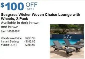 Costco Seagrass Wicker Woven Chaise Lounge With Wheels,2-Pack offer