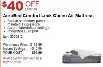 Costco AeroBed Comfort Lock Queen Air Mattress offer