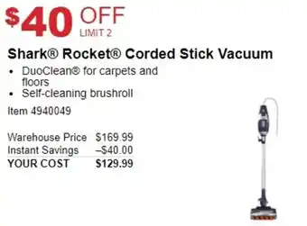 Costco Shark Rocket Corded Stick Vacuum offer