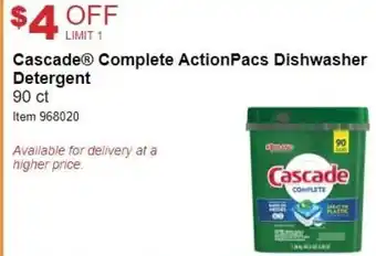 Costco Cascade Complete ActionPacs Dishwasher Detergent 90 ct offer