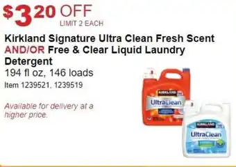 Costco Kirkland Signature Ultra Clean Fresh Scent And/Or Free & Clear Liquid Laundry Detergent offer