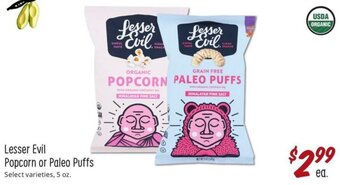 Sprouts Farmers Market Lesser Evil Popcorn Or Paleo Puffs offer