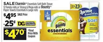 Dollar General Charmin Essentials Soft Bath Tissue 12 Family Rolls Or Strong 6 Mega Rolls Or Bounty Paper Towels Essentials 6 Large Rolls offer
